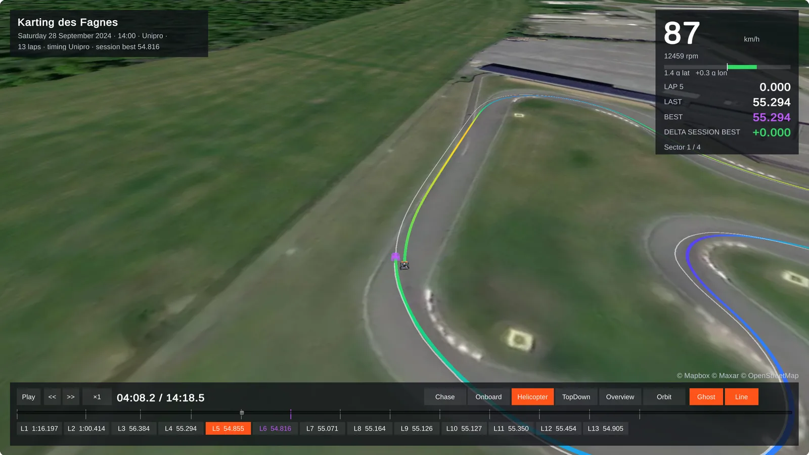 3D replay on the satellite view, with the ghost of the best lap